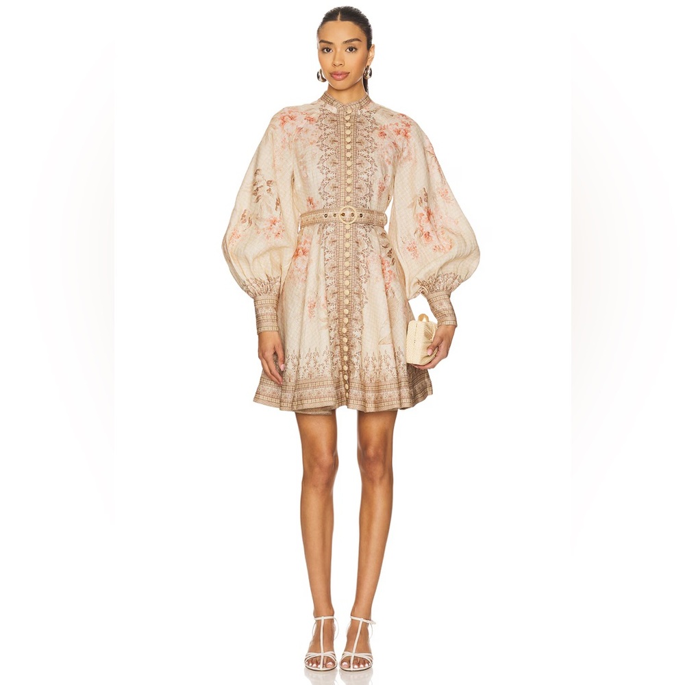 NWT Zimmermann Tropical Flower Long Sleeve Belted Linen Minidress 0 US4
